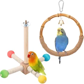 2PCS Wood Bird Stand Perch Toy, 360 Rotating Exercise Wheel Parakeet Toys Cockatiel Toys, Wood Interactive Swing Toy Bird Cage Accessories, Parrot Perch Stand for Budgies Conures Lovebirds