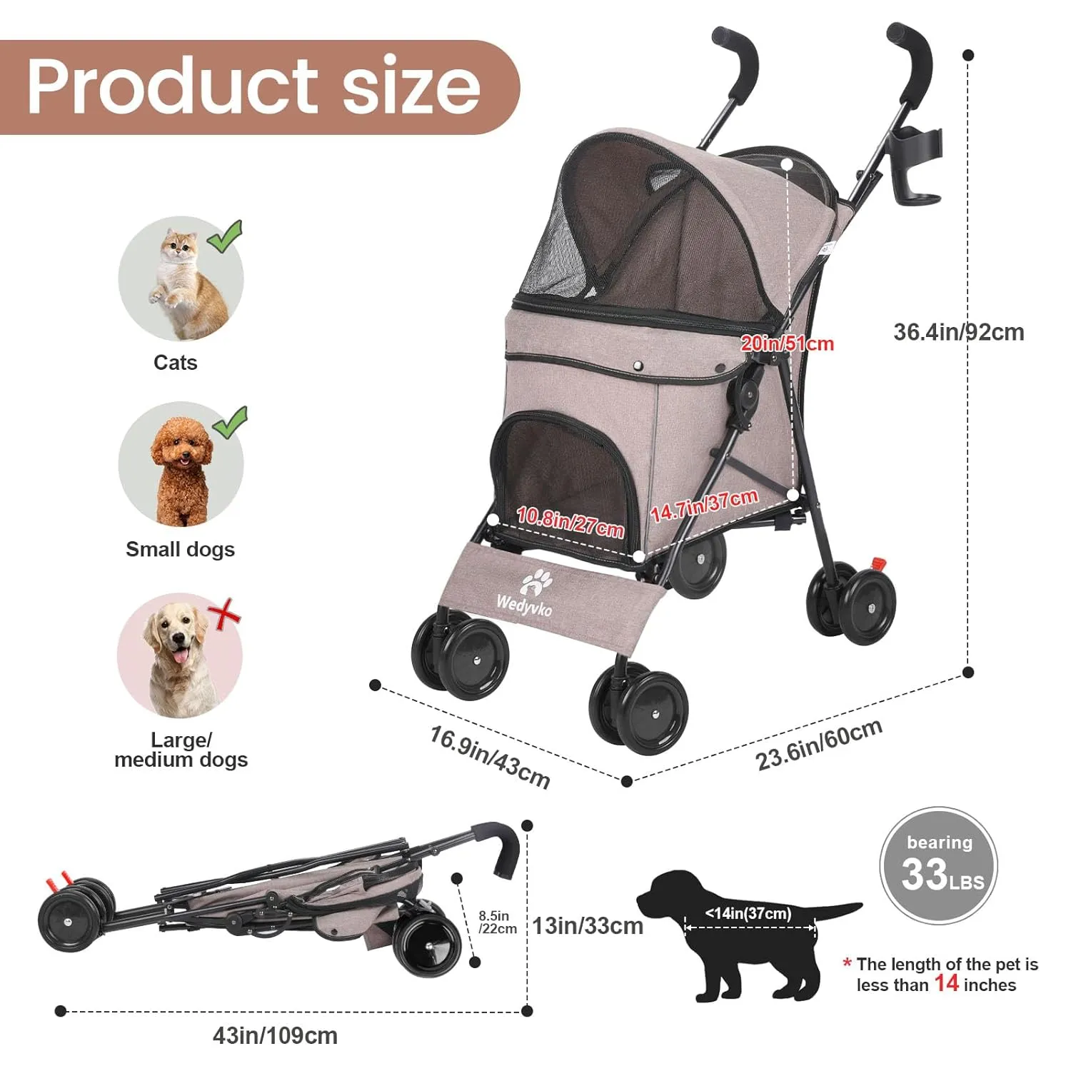 3 in 1 Pet Stroller for Small Dogs and Cats, Foldable Pet Stroller with Adjustable Handle, 6 Wheels, Breathable Mesh, Large Capacity, Easy to Carry, Green (Coffee B)