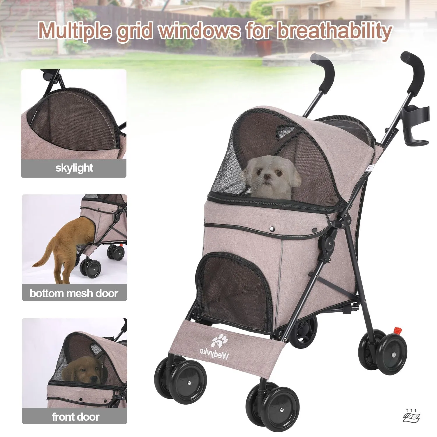 3 in 1 Pet Stroller for Small Dogs and Cats, Foldable Pet Stroller with Adjustable Handle, 6 Wheels, Breathable Mesh, Large Capacity, Easy to Carry, Green (Coffee B)