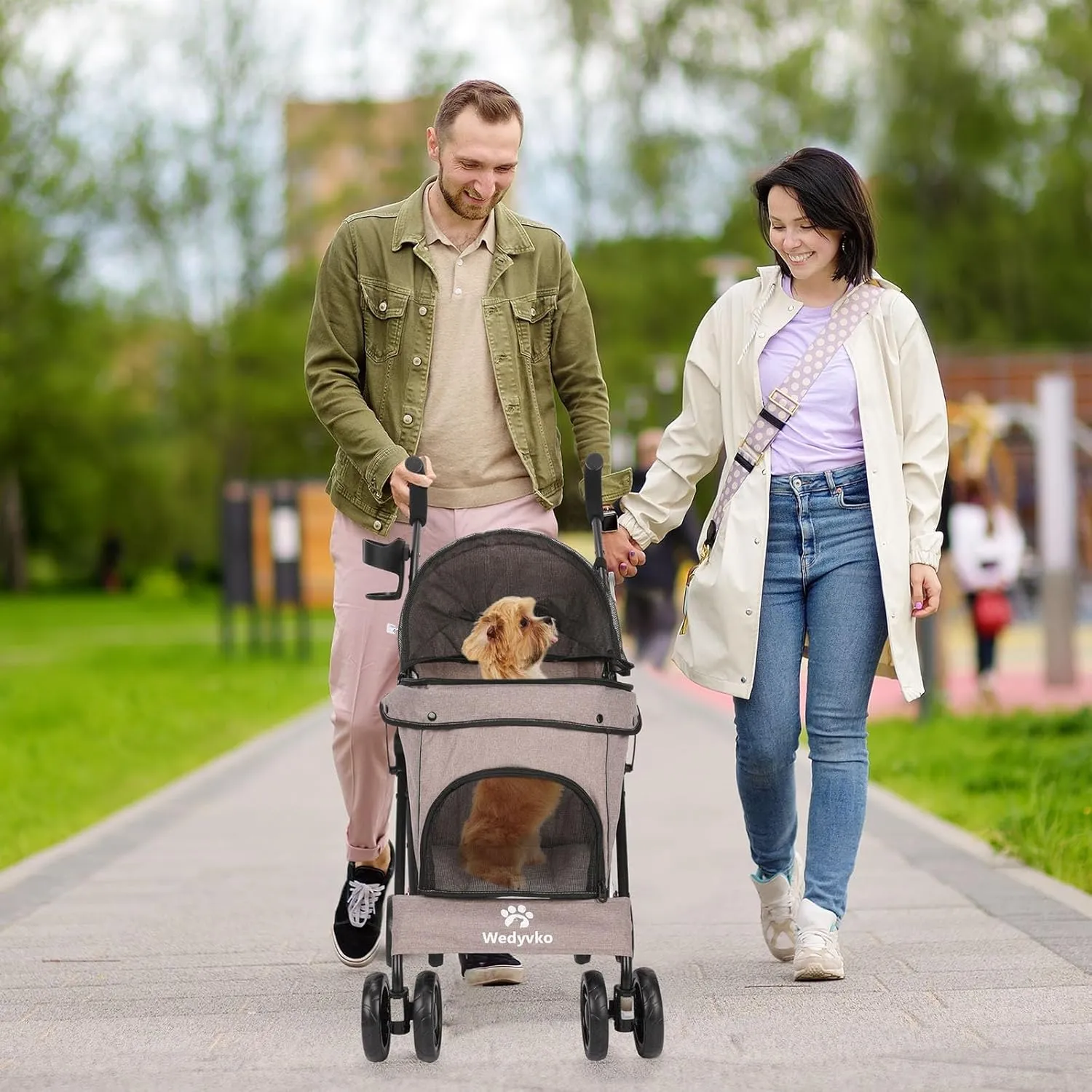 3 in 1 Pet Stroller for Small Dogs and Cats, Foldable Pet Stroller with Adjustable Handle, 6 Wheels, Breathable Mesh, Large Capacity, Easy to Carry, Green (Coffee B)
