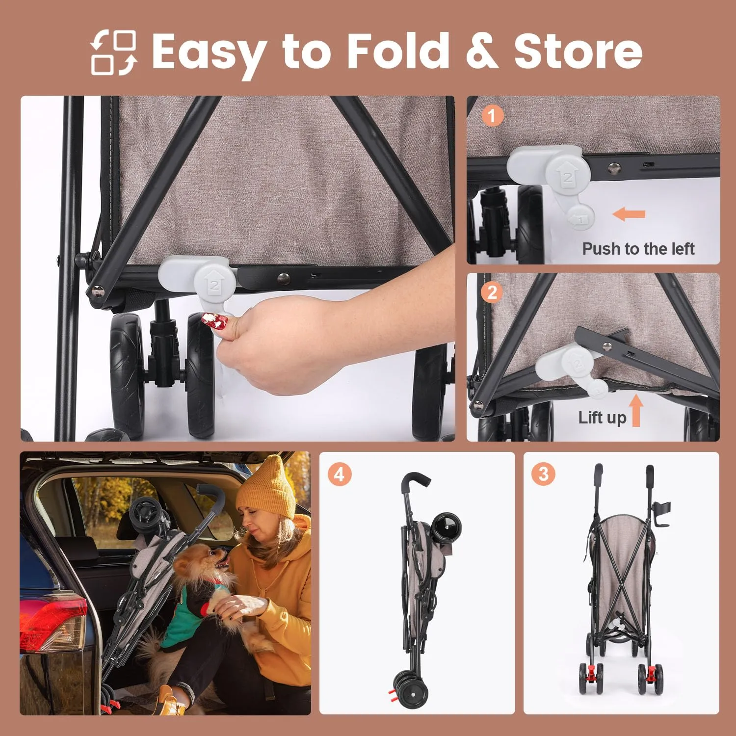 3 in 1 Pet Stroller for Small Dogs and Cats, Foldable Pet Stroller with Adjustable Handle, 6 Wheels, Breathable Mesh, Large Capacity, Easy to Carry, Green (Coffee B)