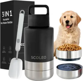 3 in 1 Water Bottle for Dogs - 32 oz Insulated Bottle with Detachable Bowls, Leak-Proof and Stainless Steel, Travel-Friendly - Dog Portable Water Bowl (Black)