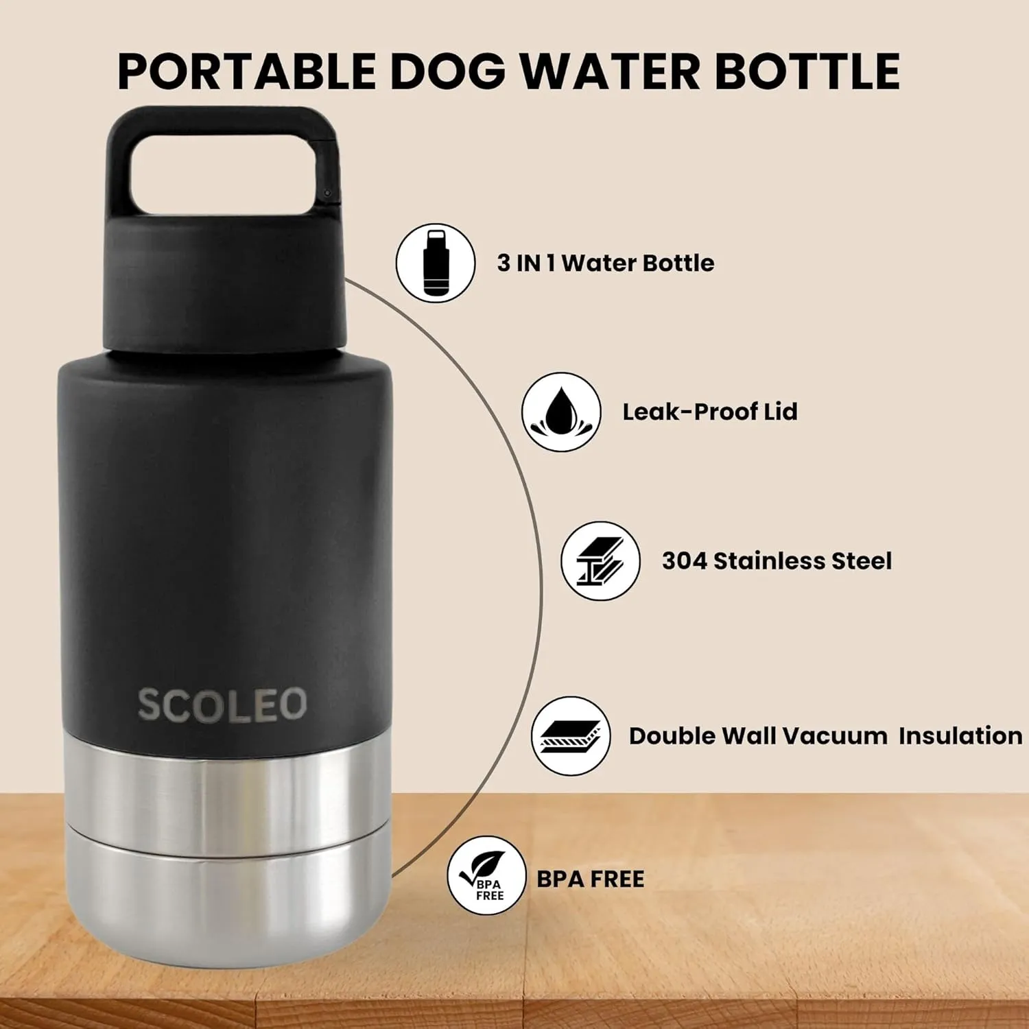3 in 1 Water Bottle for Dogs - 32 oz Insulated Bottle with Detachable Bowls, Leak-Proof and Stainless Steel, Travel-Friendly - Dog Portable Water Bowl (Black)