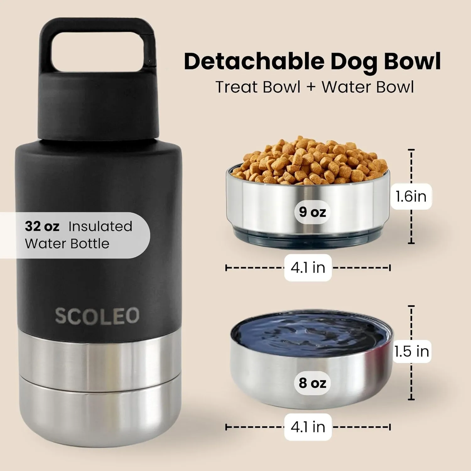 3 in 1 Water Bottle for Dogs - 32 oz Insulated Bottle with Detachable Bowls, Leak-Proof and Stainless Steel, Travel-Friendly - Dog Portable Water Bowl (Black)