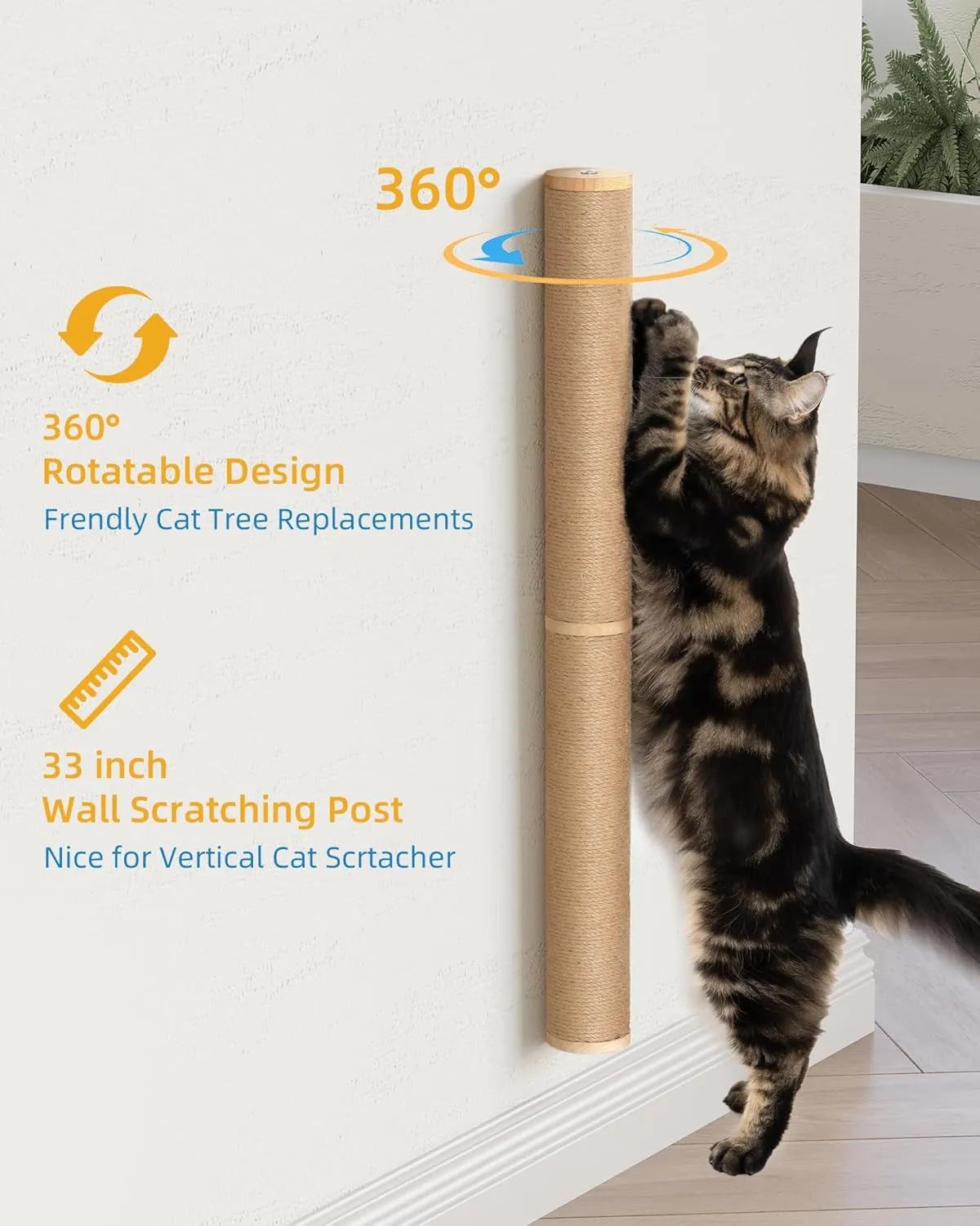 34" Cat Scratching Post, Wall Mounted Wood Cat Furniture for Indoor Cats, Tall and Sturdy Cat Climbing Pole for Large Cats