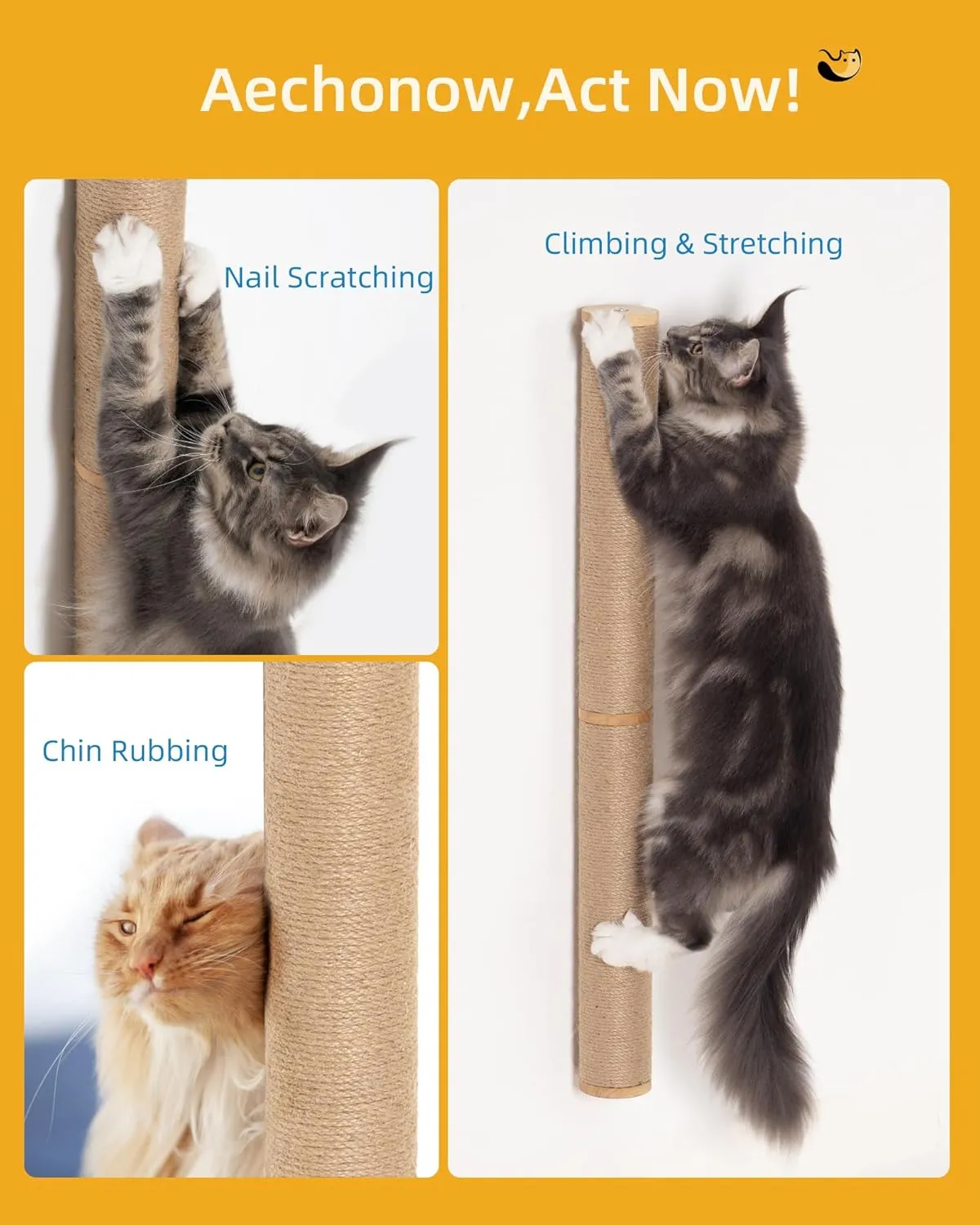34" Cat Scratching Post, Wall Mounted Wood Cat Furniture for Indoor Cats, Tall and Sturdy Cat Climbing Pole for Large Cats