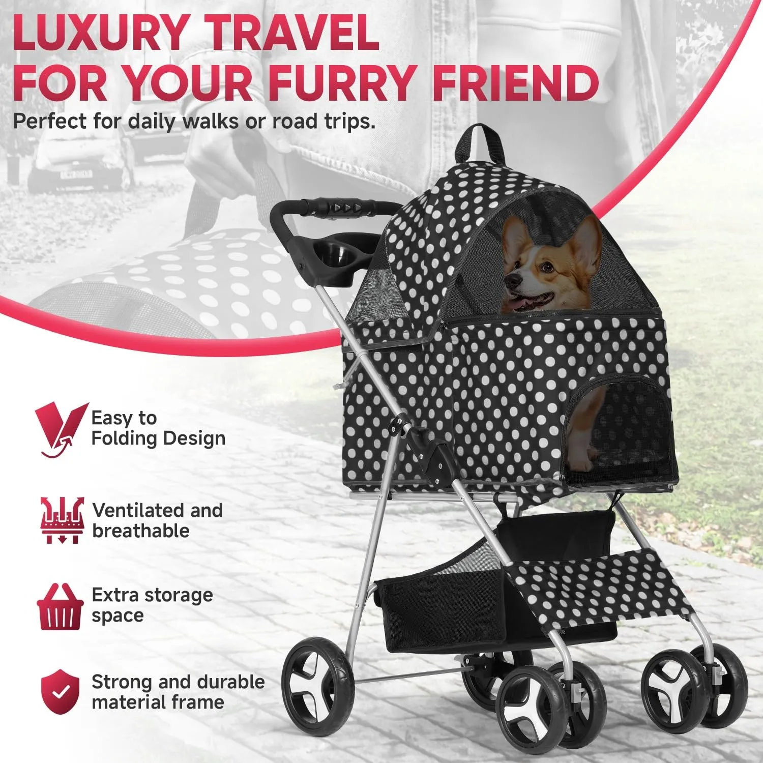 4-Wheel Multi-Function Pet Stroller - 3-in-1 Foldable Jogger with Detachable Carrier, Cup Holders & Storage Basket for Dogs & Cats, CAAP-DGS-B78-BKD