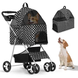 4-Wheel Multi-Function Pet Stroller - 3-in-1 Foldable Jogger with Detachable Carrier, Cup Holders & Storage Basket for Dogs & Cats, CAAP-DGS-B78-BKD