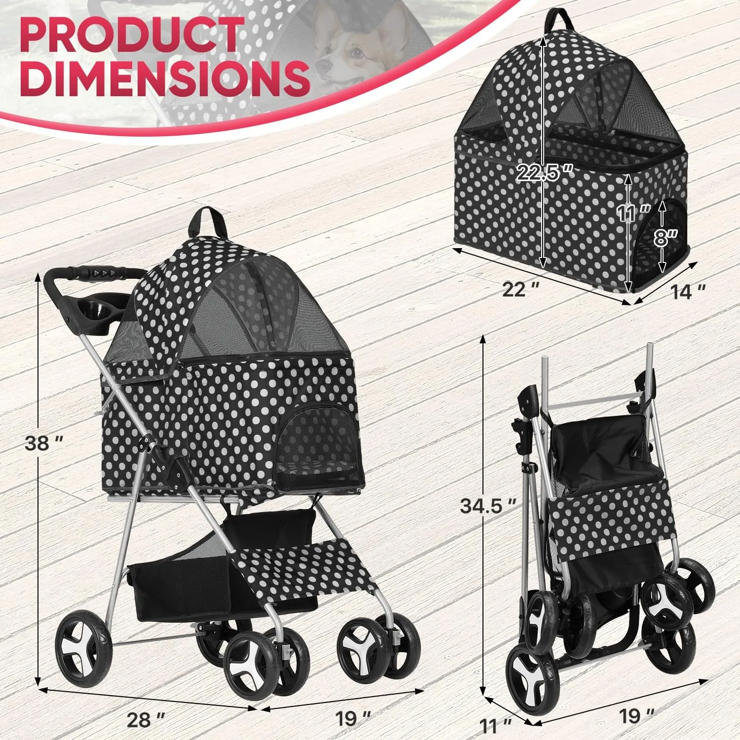 4-Wheel Multi-Function Pet Stroller - 3-in-1 Foldable Jogger with Detachable Carrier, Cup Holders & Storage Basket for Dogs & Cats, CAAP-DGS-B78-BKD