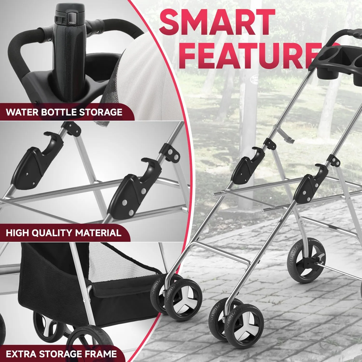 4-Wheel Multi-Function Pet Stroller - 3-in-1 Foldable Jogger with Detachable Carrier, Cup Holders & Storage Basket for Dogs & Cats, CAAP-DGS-B78-BKD