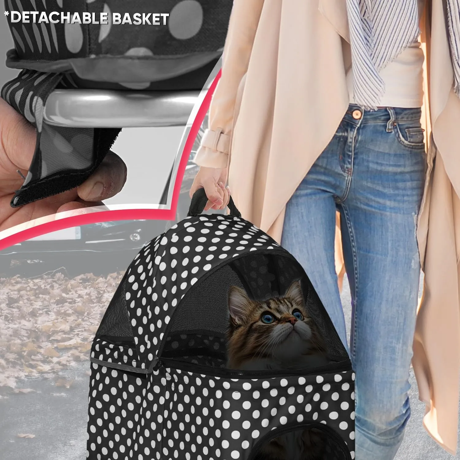 4-Wheel Multi-Function Pet Stroller - 3-in-1 Foldable Jogger with Detachable Carrier, Cup Holders & Storage Basket for Dogs & Cats, CAAP-DGS-B78-BKD