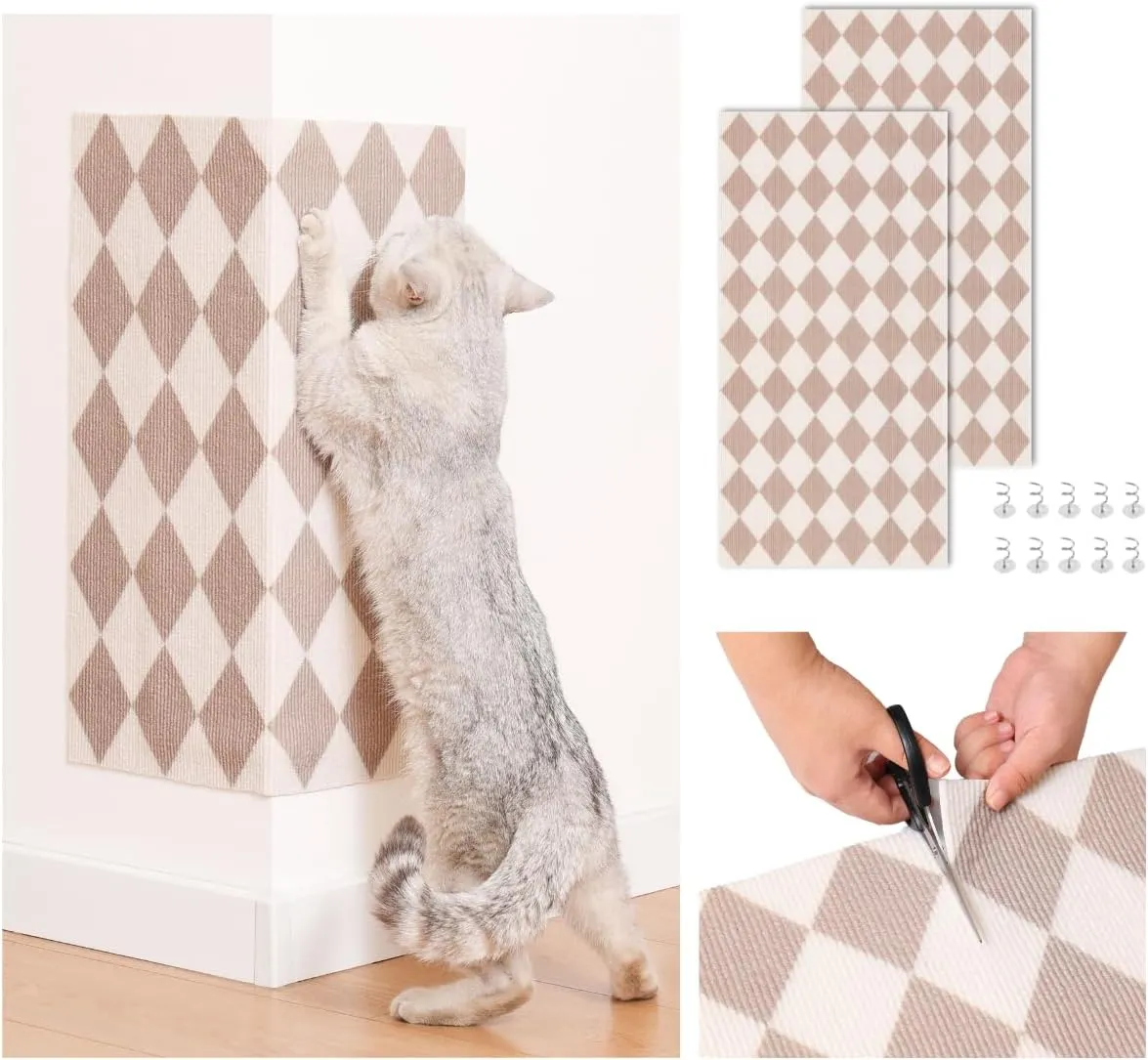 Anti-Scratch Cat Mat, Set of 2  39.4 x 15.8 Trimmable Self-Adhesive Upholstery Pads for Furniture, Carpet, Cat Trees, Shelves, Climbing Walls & Couch Protection (Brown Diamond)