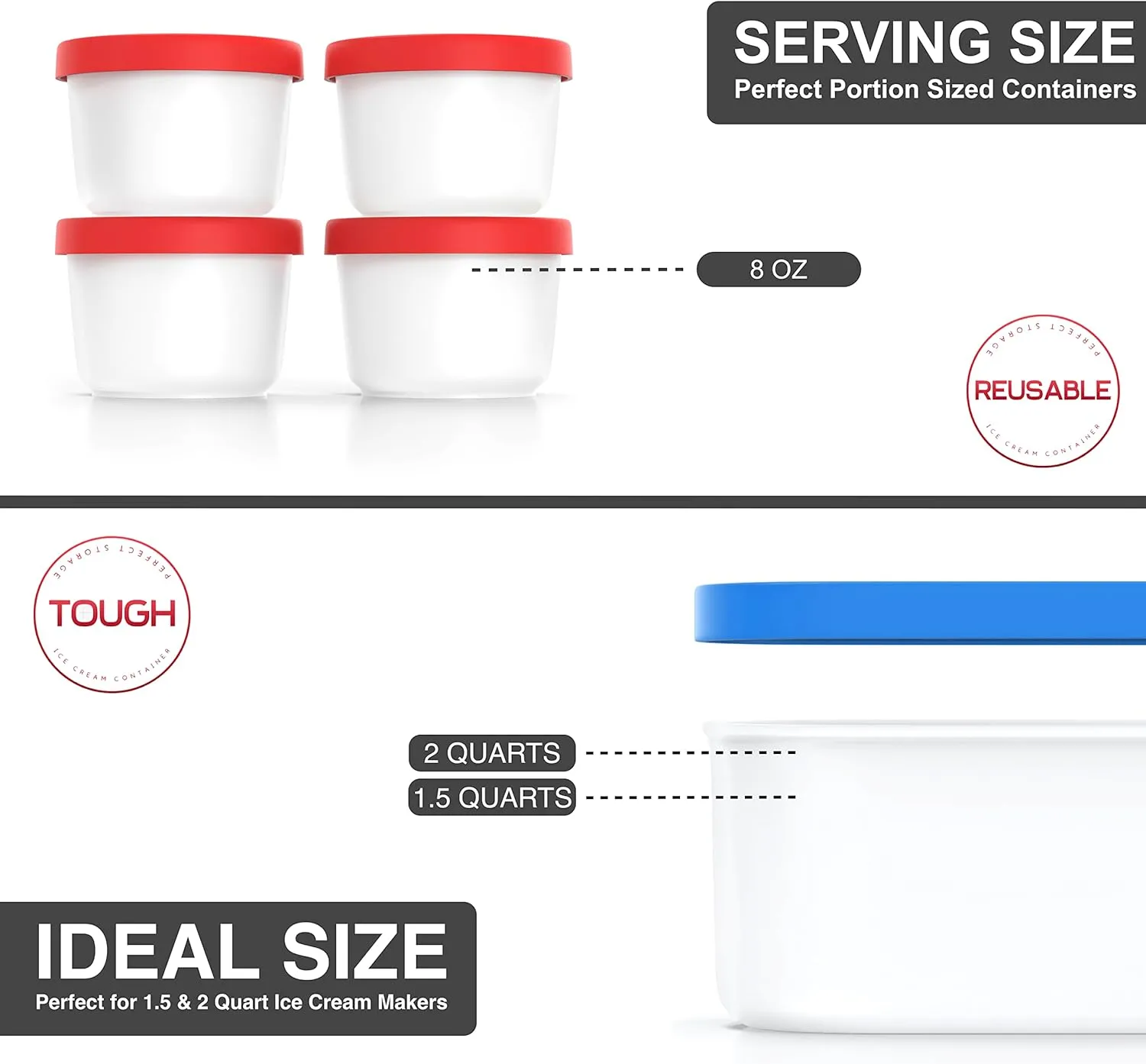 BALCI - Ice Cream Container - 2 Quart & 8oz set - Perfect Reusable Freezer Storage for Homemade Ice Cream Tubs for Sorbet, Frozen Yogurt and Gelato! - Flexible Silicone Lids, Long Scoop, Stackable