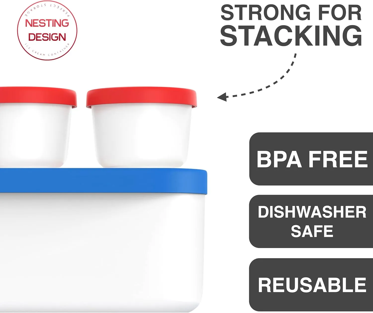 BALCI - Ice Cream Container - 2 Quart & 8oz set - Perfect Reusable Freezer Storage for Homemade Ice Cream Tubs for Sorbet, Frozen Yogurt and Gelato! - Flexible Silicone Lids, Long Scoop, Stackable