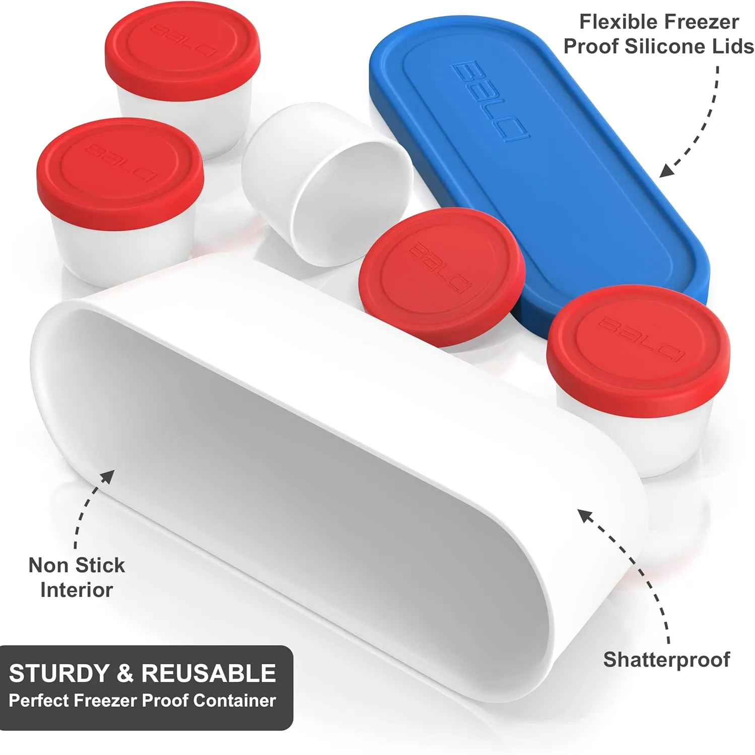 BALCI - Ice Cream Container - 2 Quart & 8oz set - Perfect Reusable Freezer Storage for Homemade Ice Cream Tubs for Sorbet, Frozen Yogurt and Gelato! - Flexible Silicone Lids, Long Scoop, Stackable