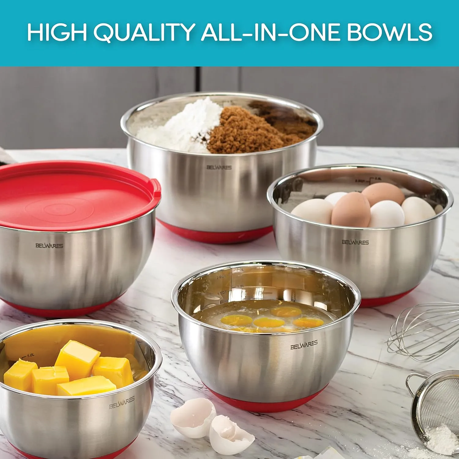 Belwares Mixing Bowls with Lids Set - Nesting Bowls with Airtight Lids   Graters - Stainless Steel Non-Slip Mixing Bowl for Baking, Food Storage and Prepping (Red, 5-Piece Set)