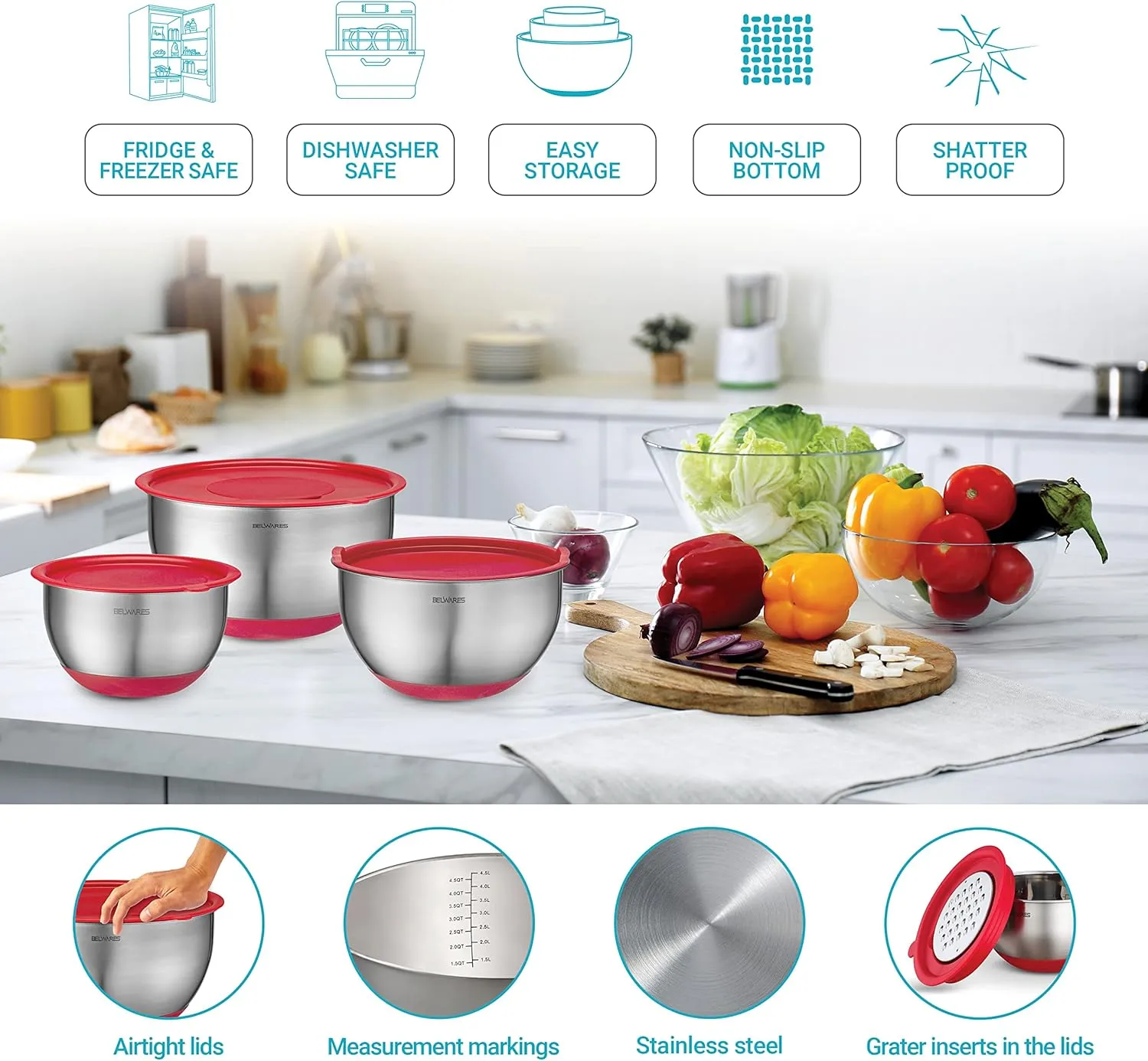 Belwares Mixing Bowls with Lids Set - Nesting Bowls with Airtight Lids   Graters - Stainless Steel Non-Slip Mixing Bowl for Baking, Food Storage and Prepping (Red, 5-Piece Set)