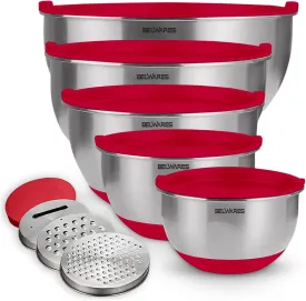 Belwares Mixing Bowls with Lids Set - Nesting Bowls with Airtight Lids   Graters - Stainless Steel Non-Slip Mixing Bowl for Baking, Food Storage and Prepping (Red, 5-Piece Set)