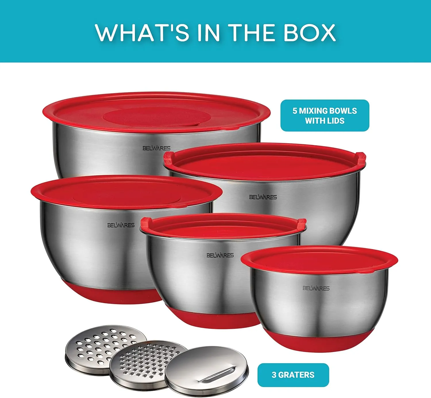 Belwares Mixing Bowls with Lids Set - Nesting Bowls with Airtight Lids   Graters - Stainless Steel Non-Slip Mixing Bowl for Baking, Food Storage and Prepping (Red, 5-Piece Set)