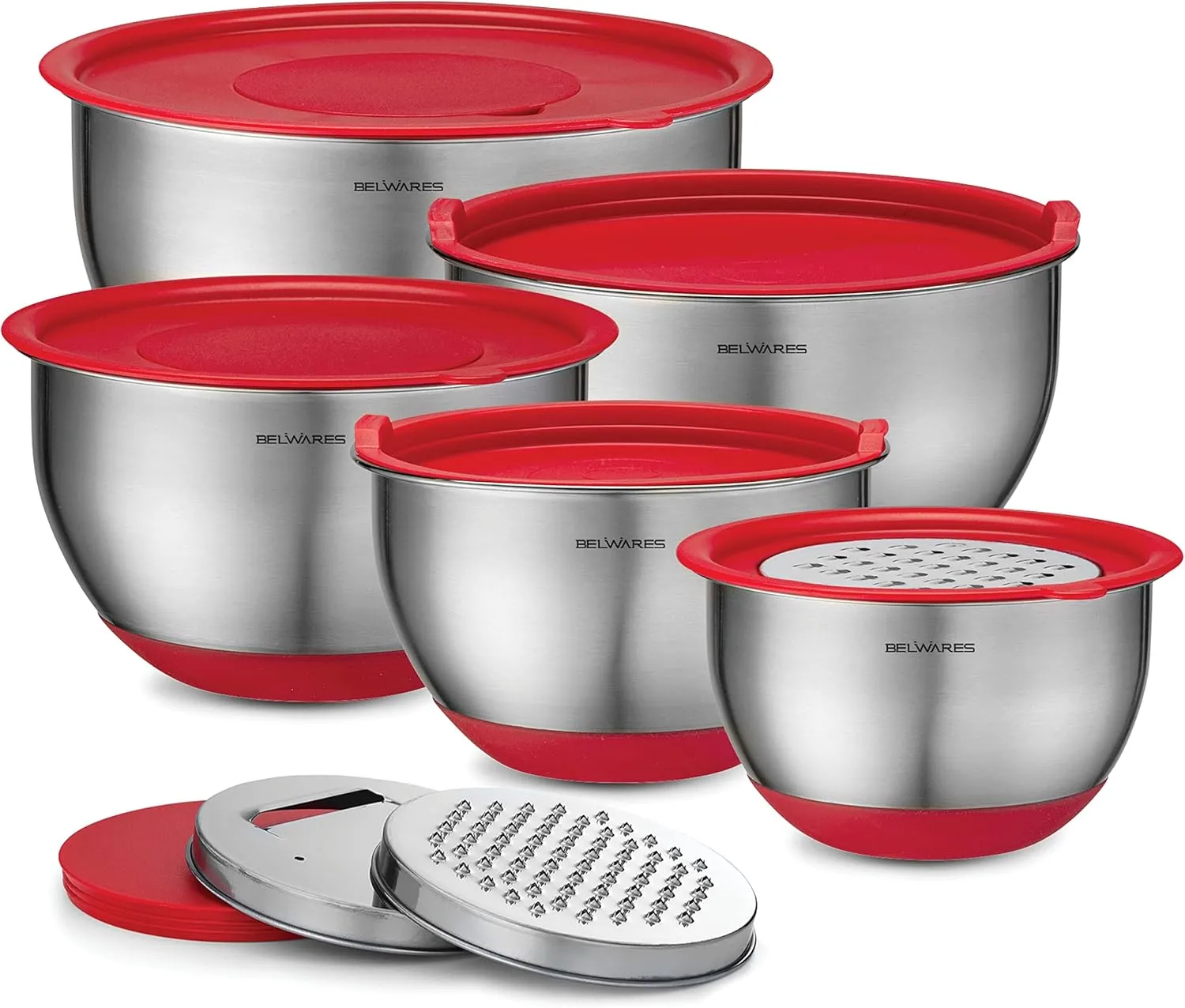 Belwares Mixing Bowls with Lids Set - Nesting Bowls with Airtight Lids   Graters - Stainless Steel Non-Slip Mixing Bowl for Baking, Food Storage and Prepping (Red, 5-Piece Set)