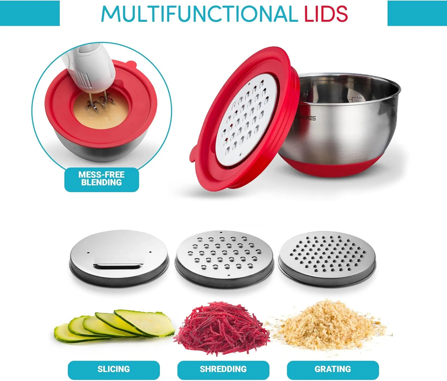 Belwares Mixing Bowls with Lids Set - Nesting Bowls with Airtight Lids   Graters - Stainless Steel Non-Slip Mixing Bowl for Baking, Food Storage and Prepping (Red, 5-Piece Set)