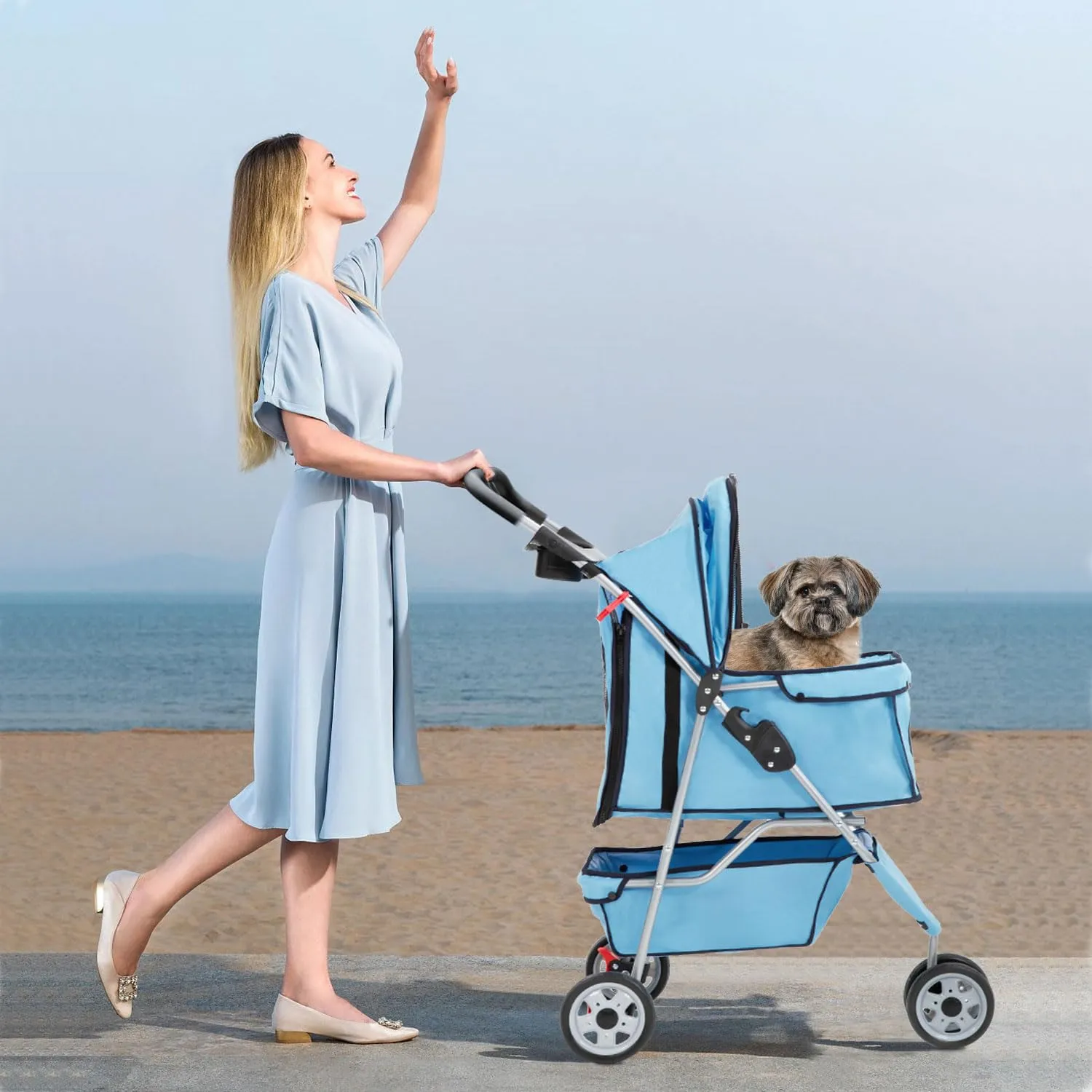 BestPet 3 Wheels Pet Stroller Dog Stroller Cat Cage Jogger Stroller Cats Travel Folding Carrier Waterproof Puppy Stroller with Cup Holder & Removable Liner,Blue