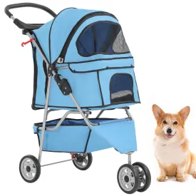 BestPet 3 Wheels Pet Stroller Dog Stroller Cat Cage Jogger Stroller Cats Travel Folding Carrier Waterproof Puppy Stroller with Cup Holder & Removable Liner,Blue