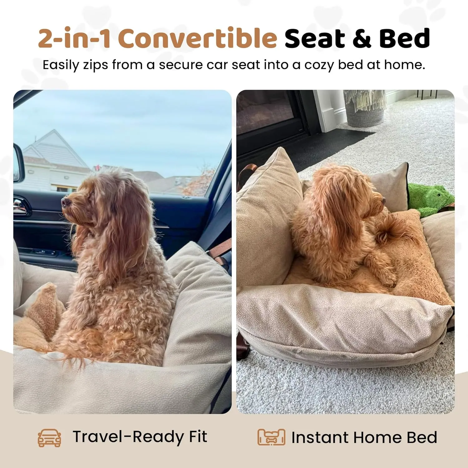 Booster Dog Car Seat for Medium Dogs, Cozy and Secure Pet Travel Carrier Bed for Medium Dogs up to 25lbs, Detachable and Washable Storage Pockets, Clip-On Safety Belt (Khaki, Standard)
