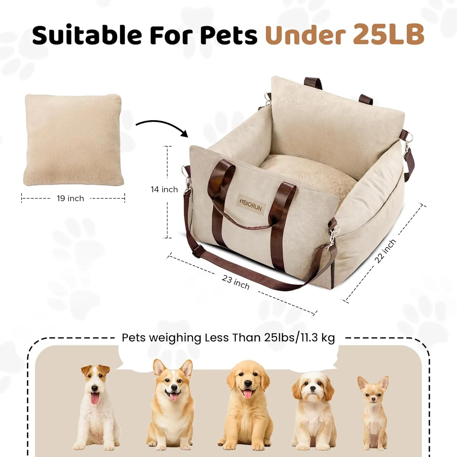 Booster Dog Car Seat for Medium Dogs, Cozy and Secure Pet Travel Carrier Bed for Medium Dogs up to 25lbs, Detachable and Washable Storage Pockets, Clip-On Safety Belt (Khaki, Standard)
