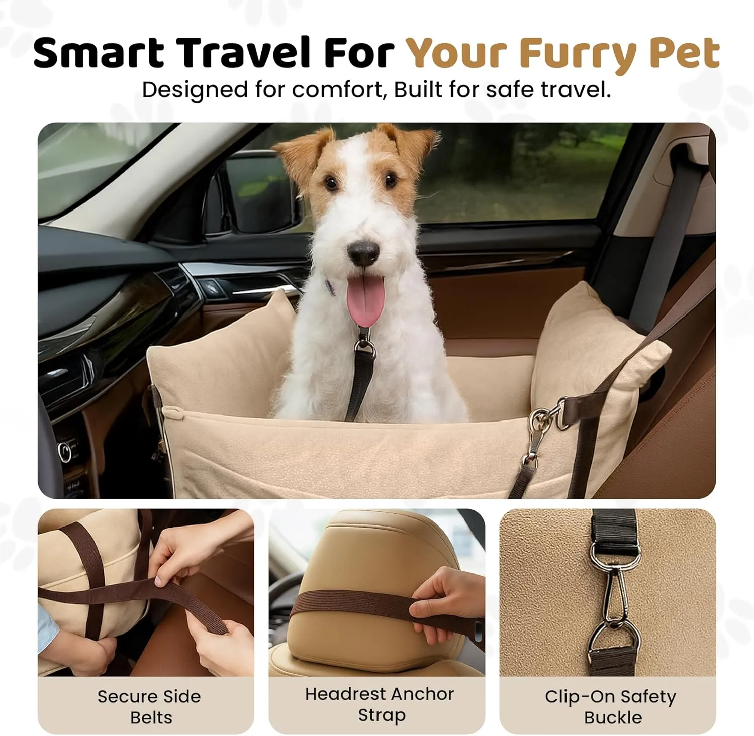 Booster Dog Car Seat for Medium Dogs, Cozy and Secure Pet Travel Carrier Bed for Medium Dogs up to 25lbs, Detachable and Washable Storage Pockets, Clip-On Safety Belt (Khaki, Standard)