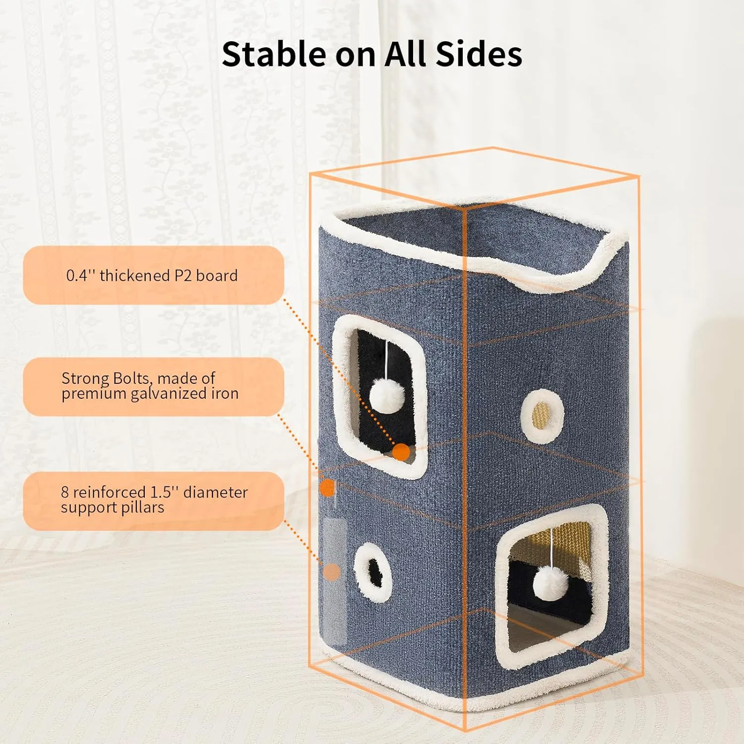 Cat Beds for Indoor Cats, Cat House 2-Story, Cat Condo with Stable Frame and Large Scratch Pad, 24'' Durable Cat Cube Playhouse with Dangling Balls, Perfect for Multiple Pets