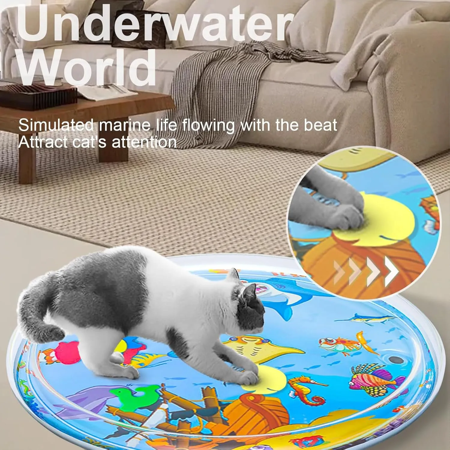 Cat Water Bed Play Mat, Ocean Breeze Splashland Cat Toy, Water Sensory Play Mat for Cats, 25 In/40 in Pet Sleeping Mats for Summer, Anti-Scratch Cat Water Mat with Fish (25 in Shark)