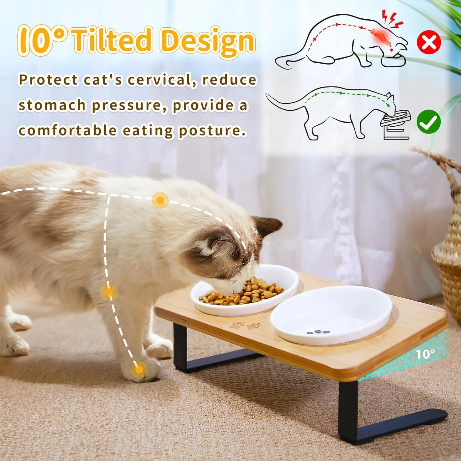 Ceramic Elevated Cat Bowls, 10 Tilted Raised Cat Food Bowls for Food and Water, Indoor Cat Dishes with Bamboo Stand Anti Vomiting for Cats and Puppy, Pet Bowl Set with Anti Slip Feet, Dishwasher Safe