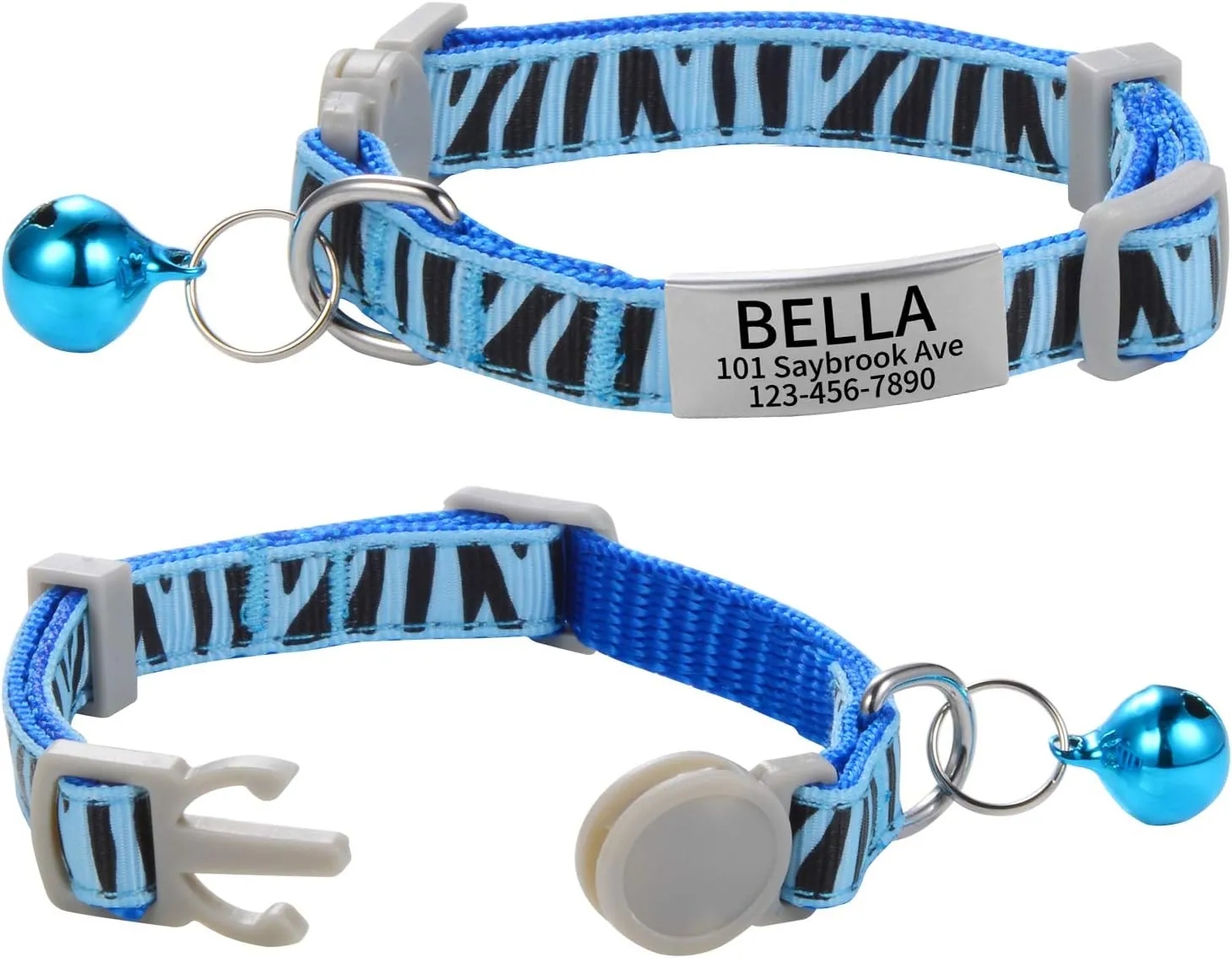Custom Breakaway Cat Collars with Bell - Engraved Stainless Steel No Noise Slide-On Identification Tags On Collar - Up to 3 Lines of Personalized Text (Zebra Print)