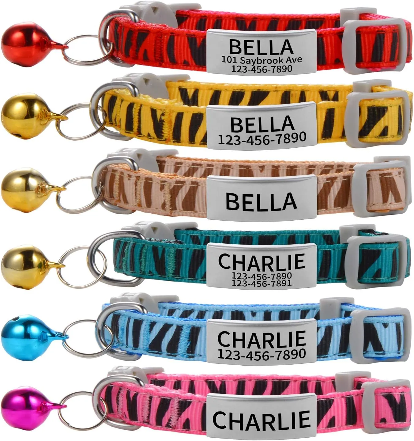 Custom Breakaway Cat Collars with Bell - Engraved Stainless Steel No Noise Slide-On Identification Tags On Collar - Up to 3 Lines of Personalized Text (Zebra Print)