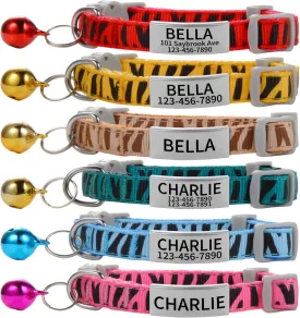 Custom Breakaway Cat Collars with Bell - Engraved Stainless Steel No Noise Slide-On Identification Tags On Collar - Up to 3 Lines of Personalized Text (Zebra Print)