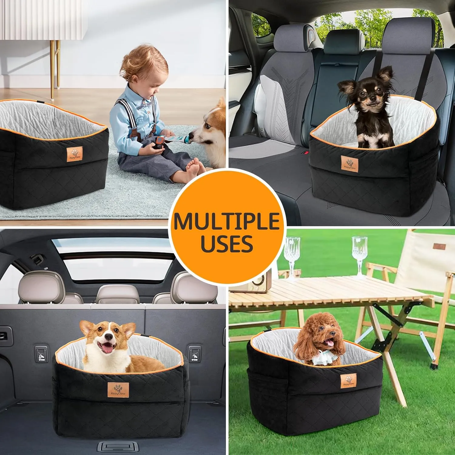 Dog Car Seat Booster for Small Medium Dogs up to 25lbs  Portable Pet Carrier with Safety Leash, Removable Cushion & Machine-Washable Cover  Travel Car Bed for Puppies with Side Storage Pockets