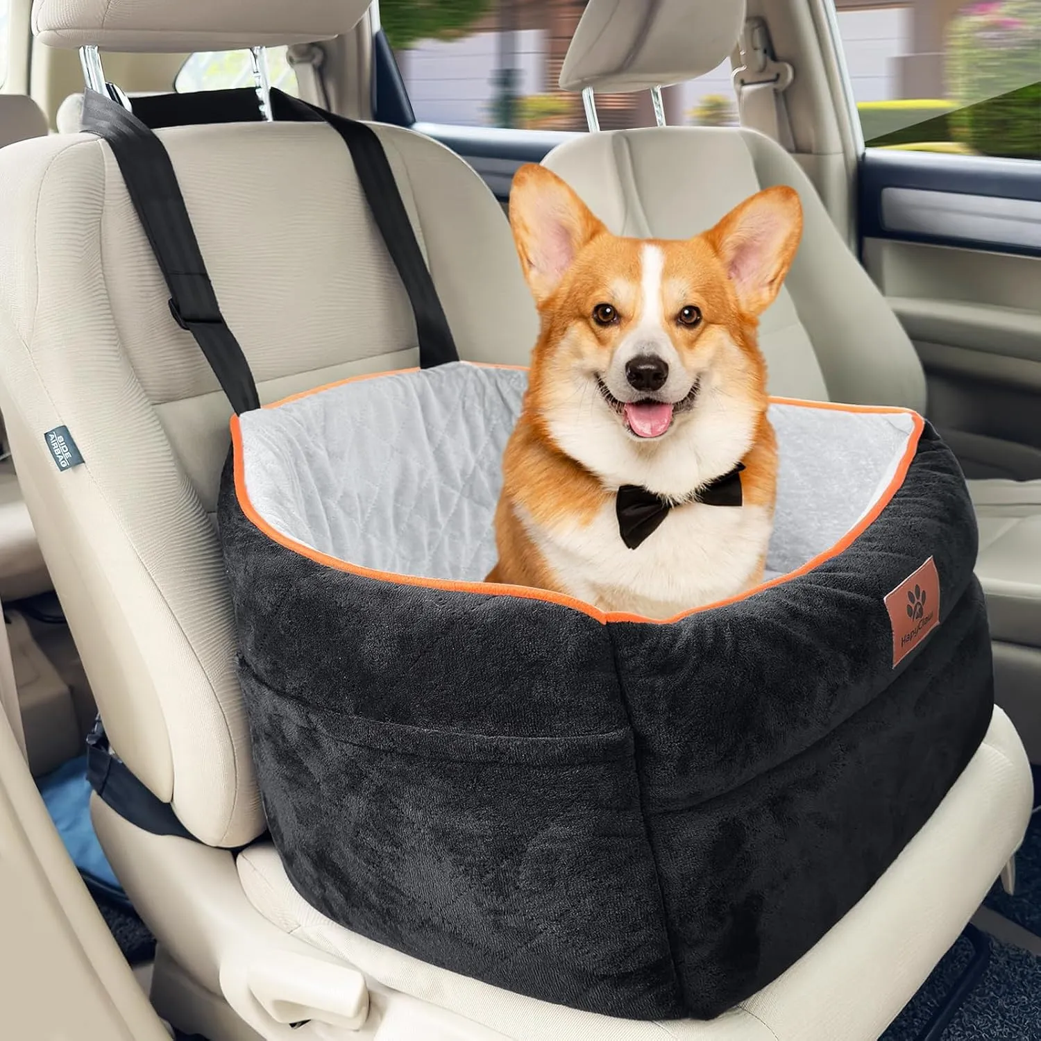 Dog Car Seat Booster for Small Medium Dogs up to 25lbs  Portable Pet Carrier with Safety Leash, Removable Cushion & Machine-Washable Cover  Travel Car Bed for Puppies with Side Storage Pockets