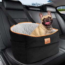 Dog Car Seat Booster for Small Medium Dogs up to 25lbs  Portable Pet Carrier with Safety Leash, Removable Cushion & Machine-Washable Cover  Travel Car Bed for Puppies with Side Storage Pockets