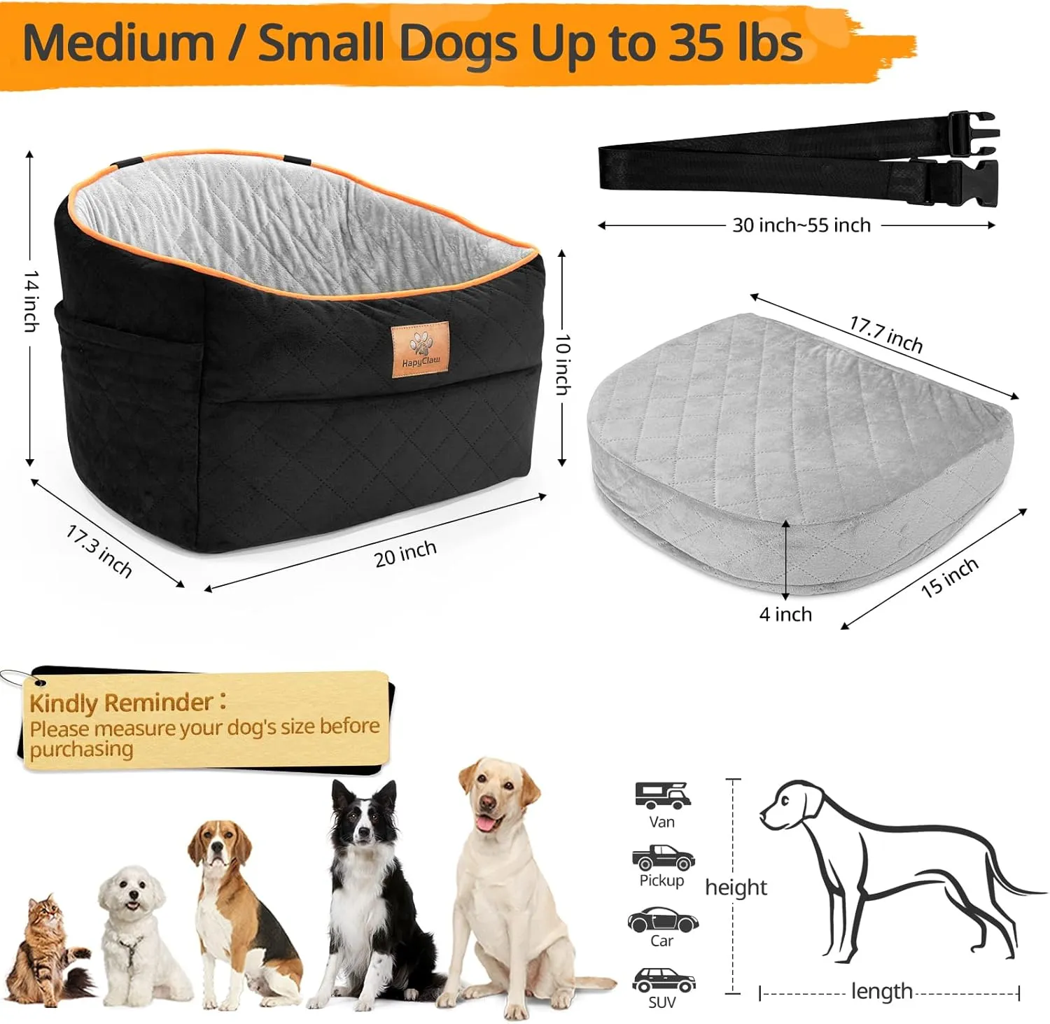 Dog Car Seat Booster for Small Medium Dogs up to 25lbs  Portable Pet Carrier with Safety Leash, Removable Cushion & Machine-Washable Cover  Travel Car Bed for Puppies with Side Storage Pockets