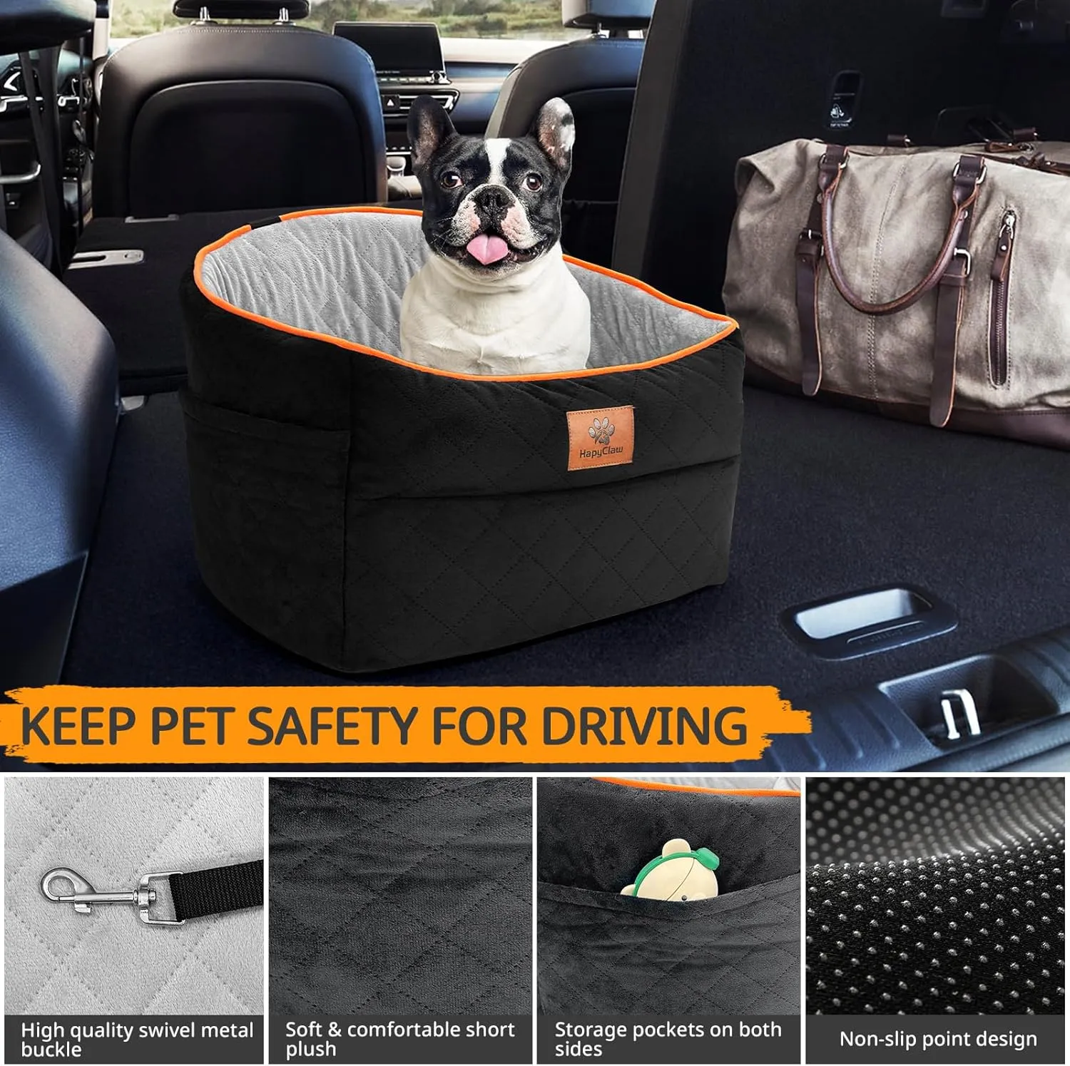 Dog Car Seat Booster for Small Medium Dogs up to 25lbs  Portable Pet Carrier with Safety Leash, Removable Cushion & Machine-Washable Cover  Travel Car Bed for Puppies with Side Storage Pockets