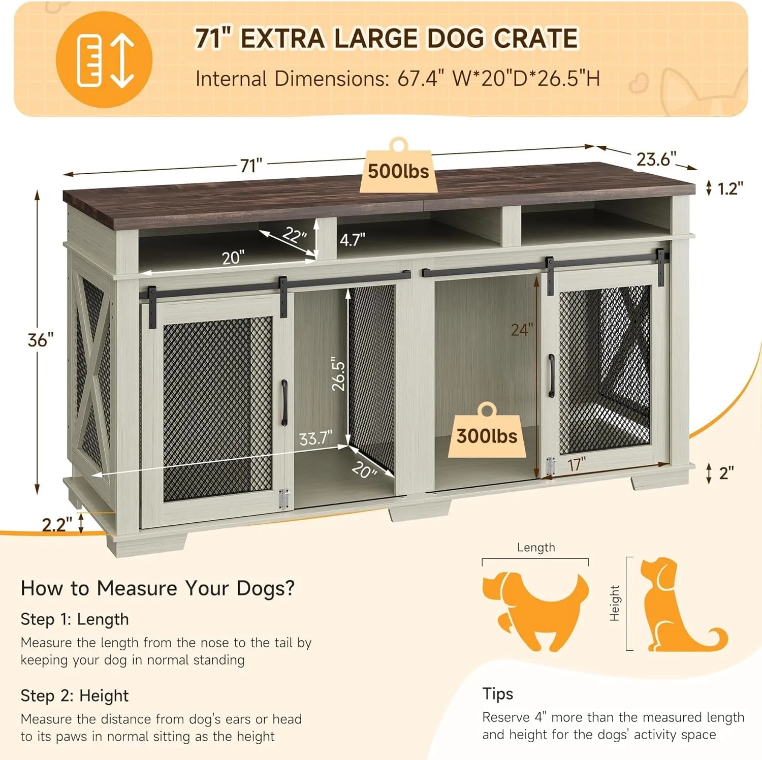 Dog Crate Furniture for 2 Dogs, 71" Dog Kennel Furniture with 3 Storage Compartments & Removable Divider, Indoor Dog Cage Tv Stand,Furniture Style Double Dog Crates with Sliding Barn Door