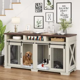 Dog Crate Furniture for 2 Dogs, 71" Dog Kennel Furniture with 3 Storage Compartments & Removable Divider, Indoor Dog Cage Tv Stand,Furniture Style Double Dog Crates with Sliding Barn Door