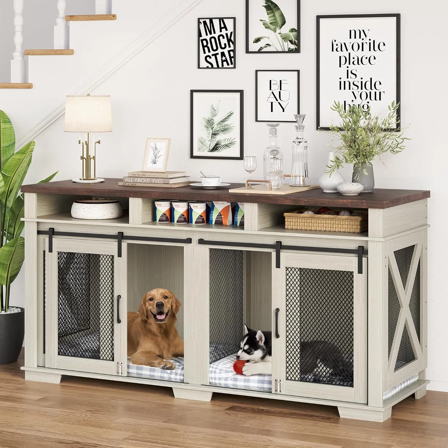 Dog Crate Furniture for 2 Dogs, 71" Dog Kennel Furniture with 3 Storage Compartments & Removable Divider, Indoor Dog Cage Tv Stand,Furniture Style Double Dog Crates with Sliding Barn Door