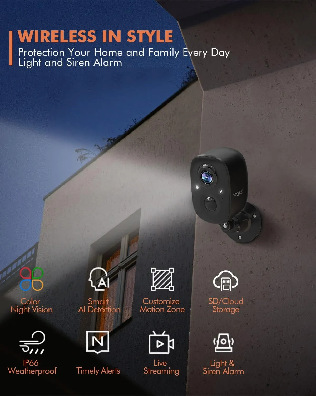 Dzees Security Camera Outdoor Wireless - Upgrade 2K 3MP Battery Powered WiFi Outdoor Camera Wireless, Spotlight, Siren, AI Dectection, Color Night Vision, IP66 Waterproof Cloud/SD-Black