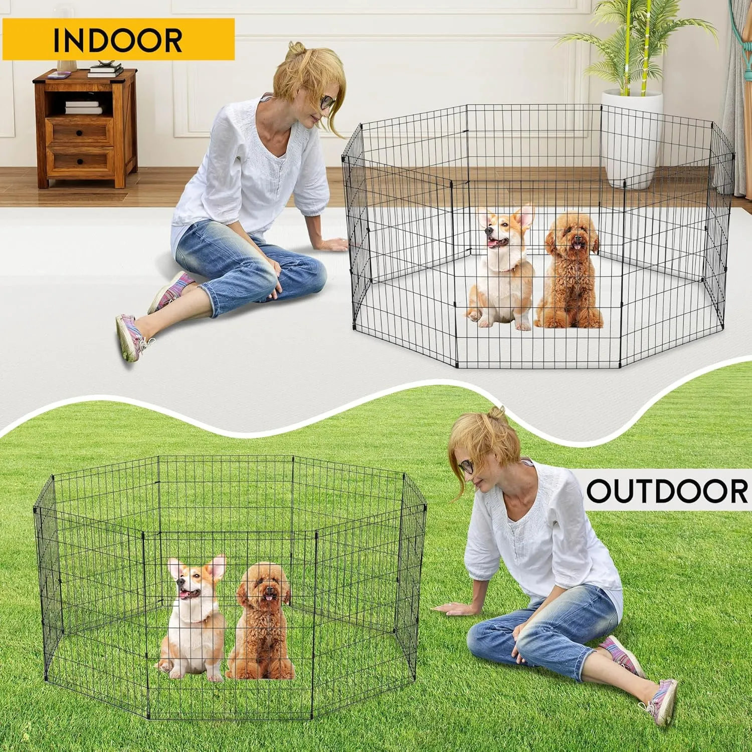 FDW 30 Inch Dog Pen 8 Panel Dog Playpen Indoor Outdoor Metal Puppy Pet Fence Portable Folding Animal Exercise Fence,Black