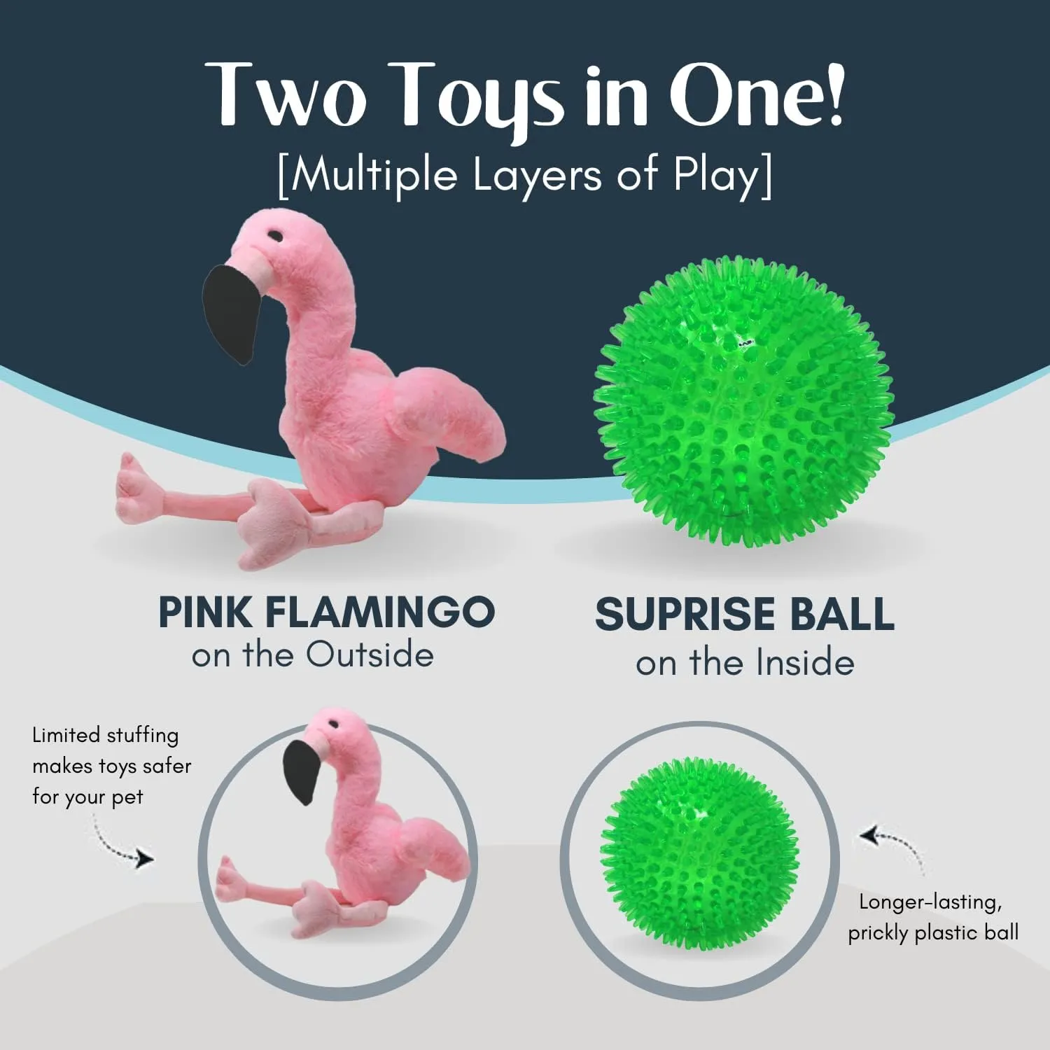 Flourish Pets 3 in 1 Multi-Layer Chew Toy for Active Dogs | Non-Toxic BPA Free Double Stitched Soft Fabric Exterior Dog Toys | Long-Lasting Dog Plush Toys Small Flamingo 13.5"