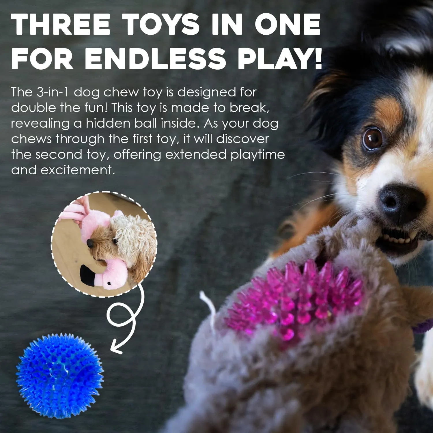 Flourish Pets 3 in 1 Multi-Layer Chew Toy for Active Dogs | Non-Toxic BPA Free Double Stitched Soft Fabric Exterior Dog Toys | Long-Lasting Dog Plush Toys Small Flamingo 13.5"