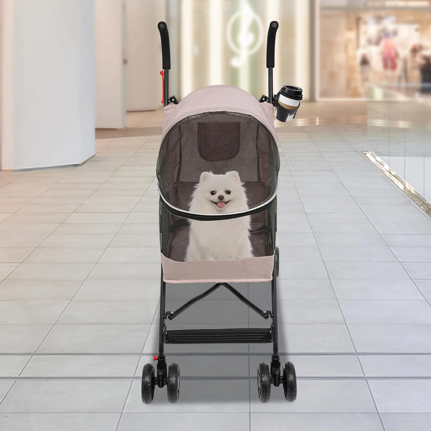 Foldable Pet Stroller for Cats & Dogs up to 22 LBS, 4 Wheels Lightweight Pet Carrier Strolling Cart, Portable Puppy Travel Jogger with Breathable Mesh & Rear Storage & Cup Holder (Pink)