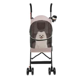 Foldable Pet Stroller for Cats & Dogs up to 22 LBS, 4 Wheels Lightweight Pet Carrier Strolling Cart, Portable Puppy Travel Jogger with Breathable Mesh & Rear Storage & Cup Holder (Pink)
